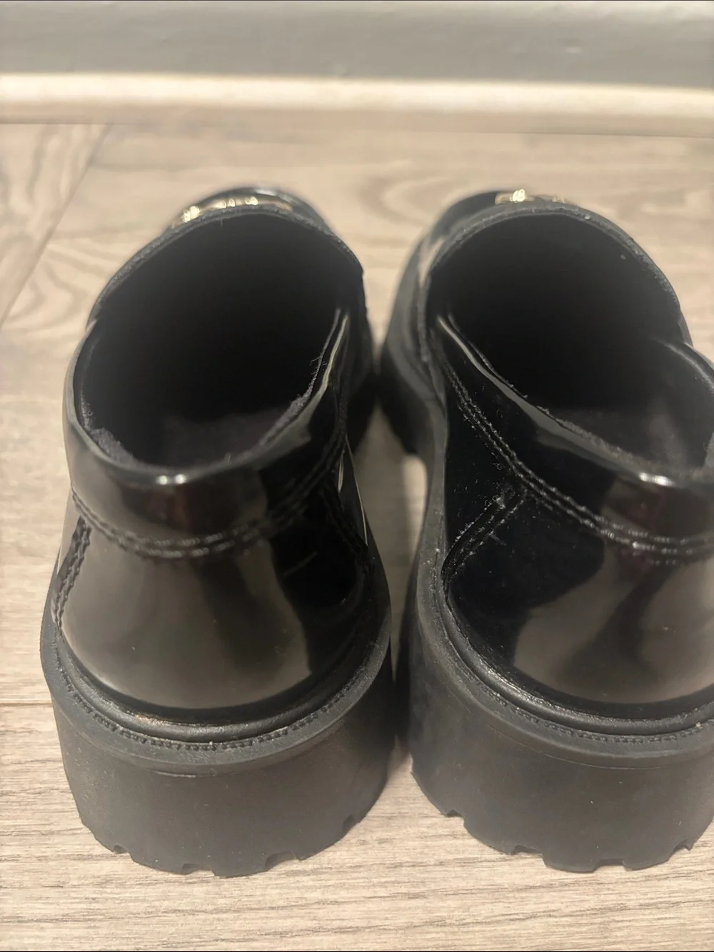 Kids Zara Black Patent Loafers with Metal Link Accent